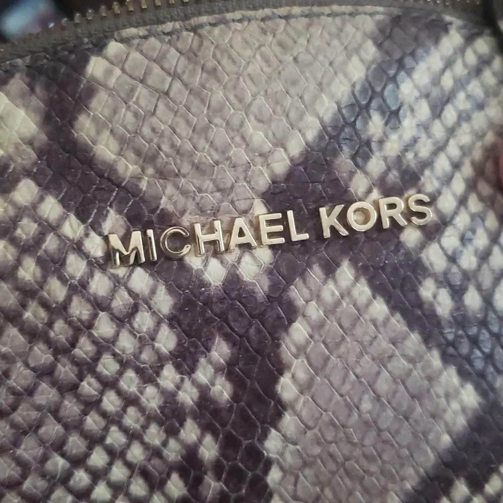 Michael Kors Black Tan Beige Python Embossed Leather Handbag Shoulder Bag Purs